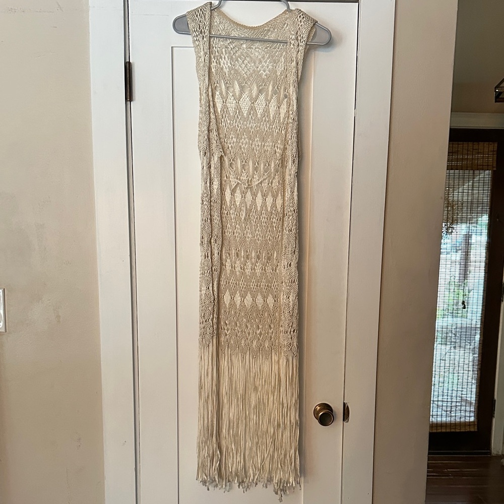 Crochet Fringe Maxi Vest - Cream Boho Duster